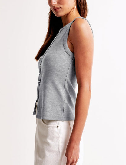 Cioatin Women Ribbed Button Down Tank Tops Sleeveless Crew Neck Slim Fit Open Front Crop Vest Going Out Y2K Clothes Heather Gray