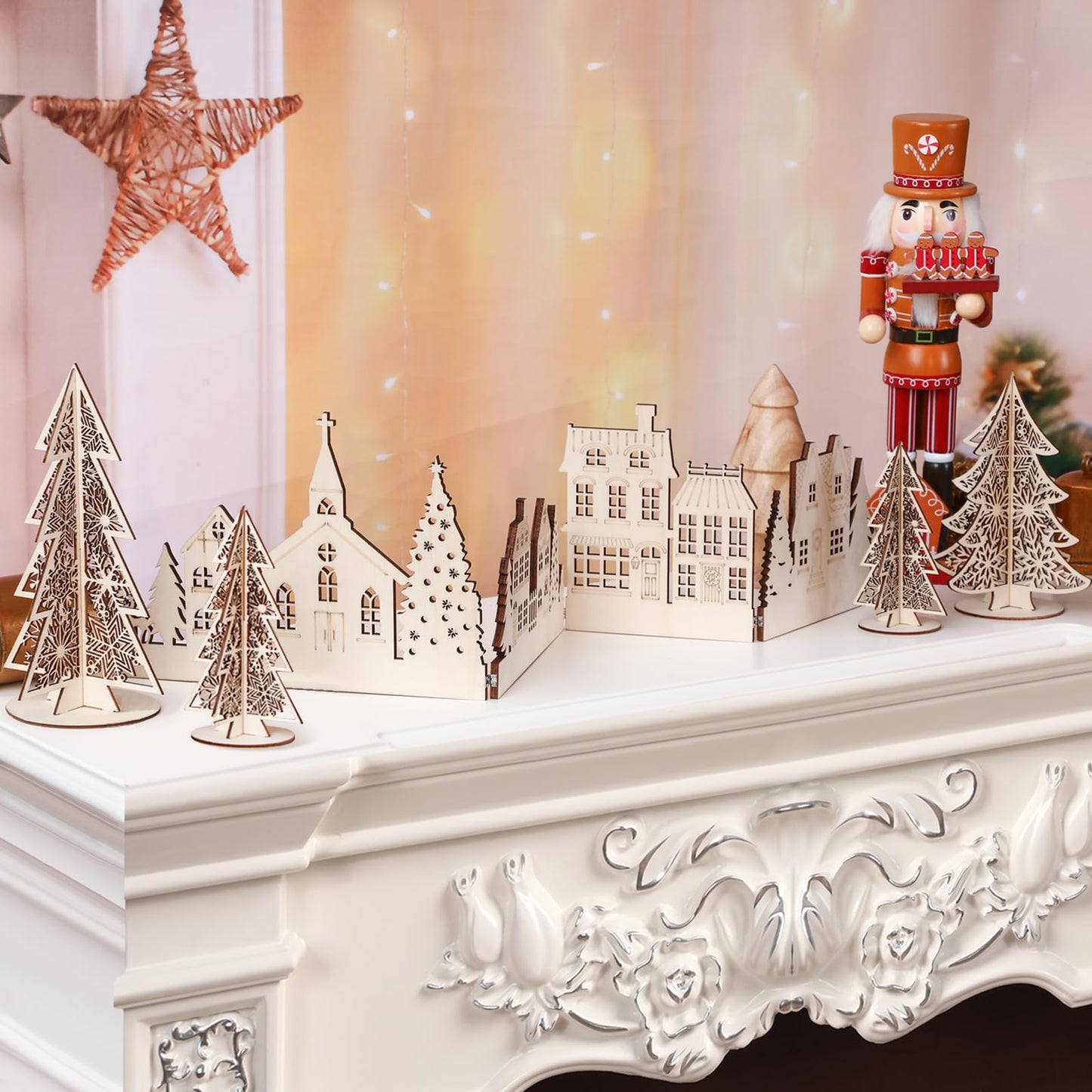 32 Inch Christmas Tabletop Decoration Wooden Christmas Themed Church Tree and House Signs Farmhouse Centerpiece for Home Kitchen Table Shelf Decor
