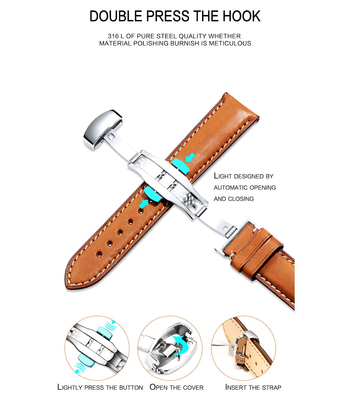 BINLUN Stainless Steel Deployment Clasp Replacement Watch Clasp Buckle for Leather Watch Bands Straps in Gold,Rose Gold,Silver,Black(12mm,14mm,16mm,18mm,20mm,22mm)