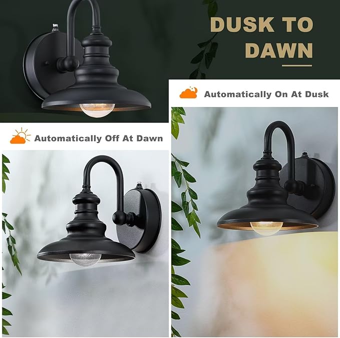 LONEDRUID Dusk to Dawn Sensor Outdoor Wall Sconce Black Exterior Gooseneck Barn Light Fixtures Waterproof Farmhouse Wall Mount Porch Lighting Anti-Rust Outside Lantern for House Garage Entryway