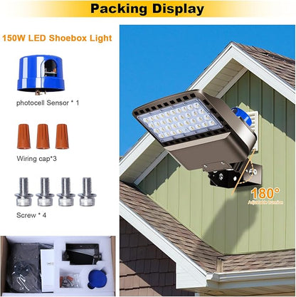 22500lm LED Parking lot Light Trunnion Dusk to Dawn 150W LED FloodLights Outdoor Wall Mount Security Commercial 85-277V IP65 Waterproof 5500K Shoebox Barn Light for Yard,Street 3 Pack
