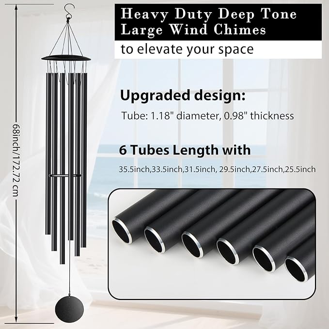 68" Wind Chimes for Outside Deep Tone, 6 Heave-Duty Aluminum Tube Large Wind Chimes for Garden & Patio, Memorial Wind Chime for Loved One, Unique Gift for Housewarming Christmas Birthday Retirement
