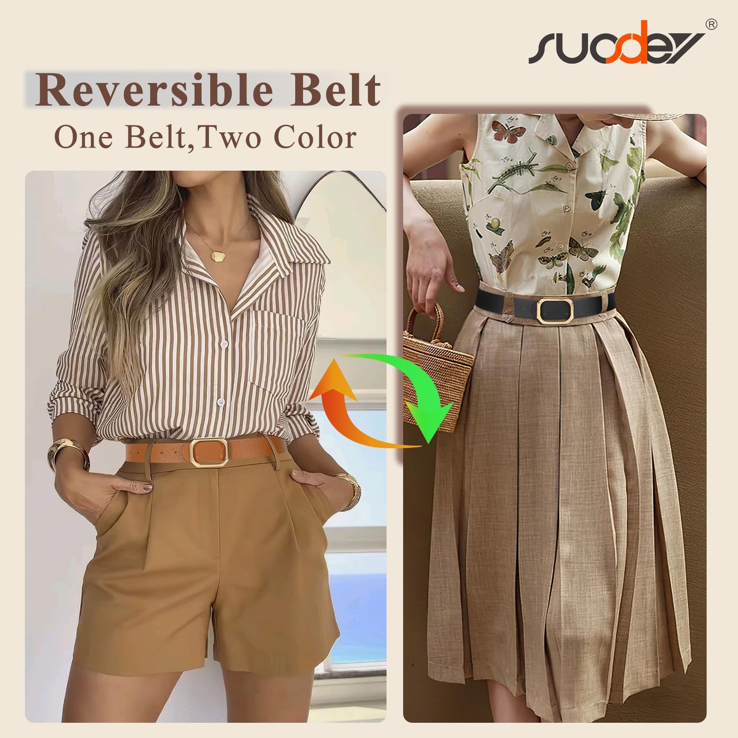 SUOSDEY Women Reversible Leather Belt for Jeans Pants Dresses Ladies Waist Belt, 1.3" Width,black/brown