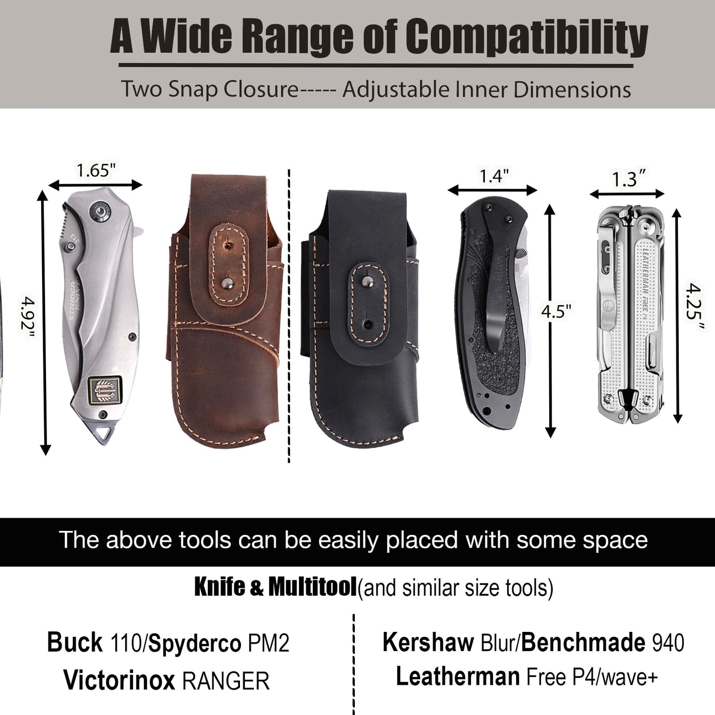 Topstache Leather Knife Sheath for Belt - Horizontal Carry Knife Holster - EDC Belt Organizer - Leather Multitool Sheath Pouch with Two Snap Closure for Folding Knife, Black