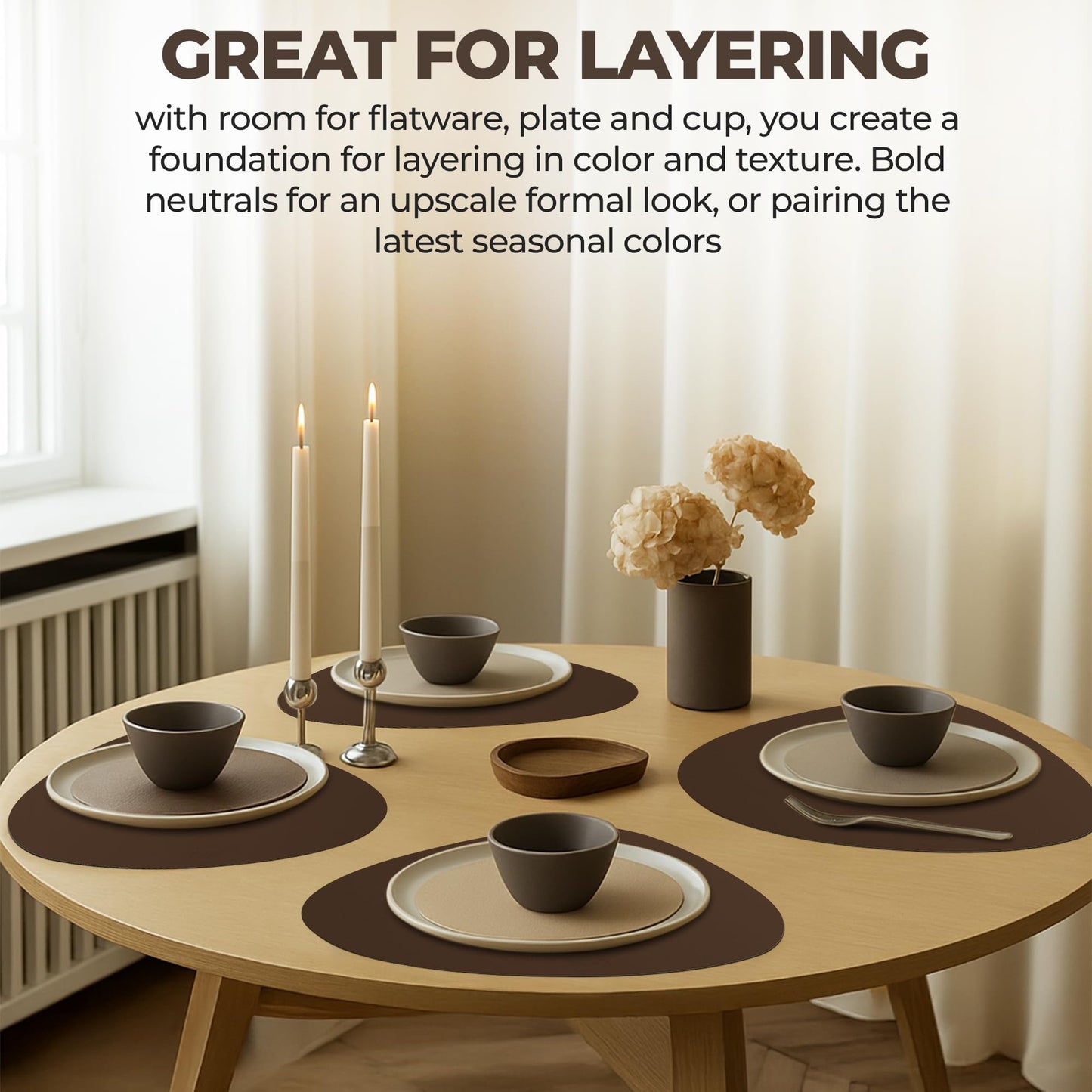 CaSail Faux Leather Placemats and Coasters - Set of 4 Round Modern Brown Table Mats for Dining - Heat Resistant, Waterproof & Non Slip Place mat for Indoor & Outdoor - Wipeable for Easy Care (Brown)