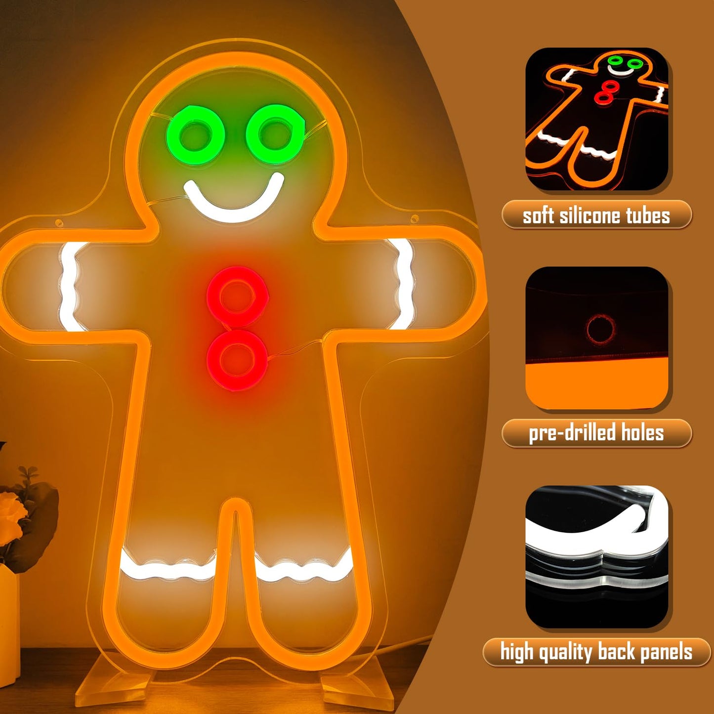Gingerbread Man Neon Sign for Wall Decor Christmas Neon Signs for Bedroom Dimmable Led Neon Signs Neon Light Sign for Bedroom Living Room Home Christmas Decor Gift for Children Kids