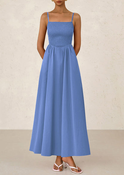 PRETTYGARDEN Women's Smocked Maxi Dresses 2025 Summer Beach Sundress Casual Spaghetti Strap Swing A Line Long Flowy Dress (Blue,Small)