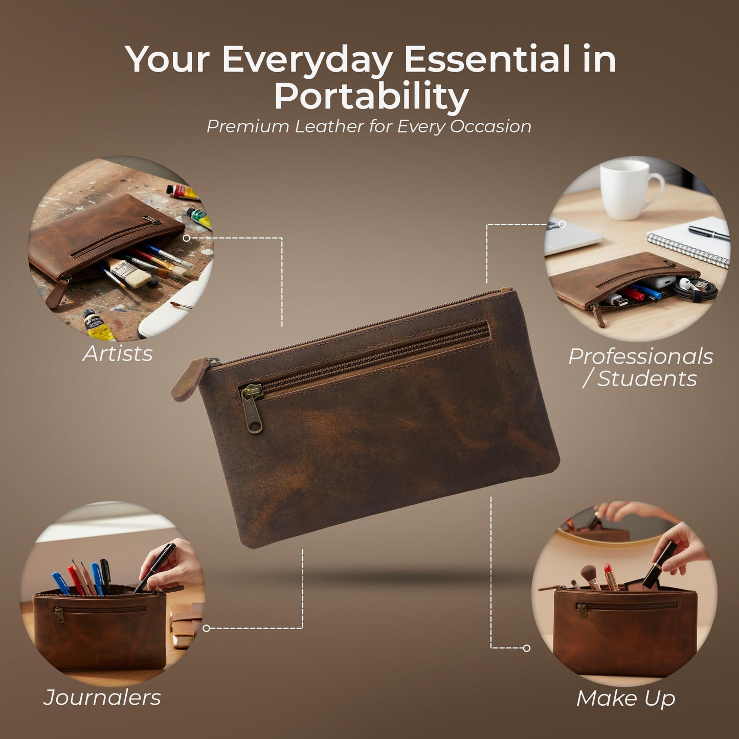WANDERINGS Genuine Leather Pencil Pouch Case 9" x 5.25" - Hand Crafted Brown Leather Zipper Pouch - Slim Pencil Case Holder for Men and Women - Pencil Bag for Artists Students Professionals
