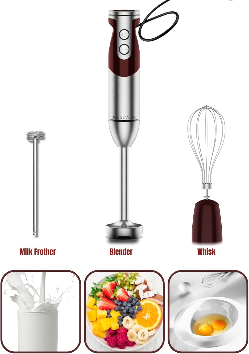 3- in-1 Immersion Hand blender, Powerful MOTOR & Stainless Steel Stick Blender, 4 Sharp Blades with Whisk, Milk Frother Attachments