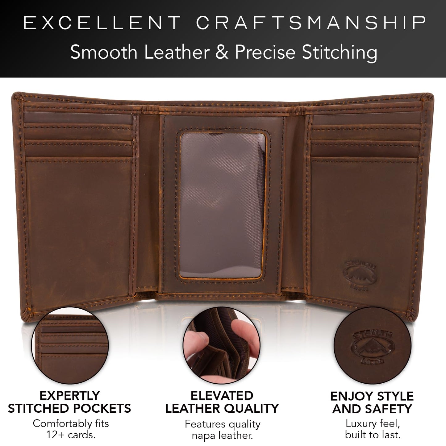 Stealth Mode Trifold Leather Wallet for Men with RFID Blocking (Brown)