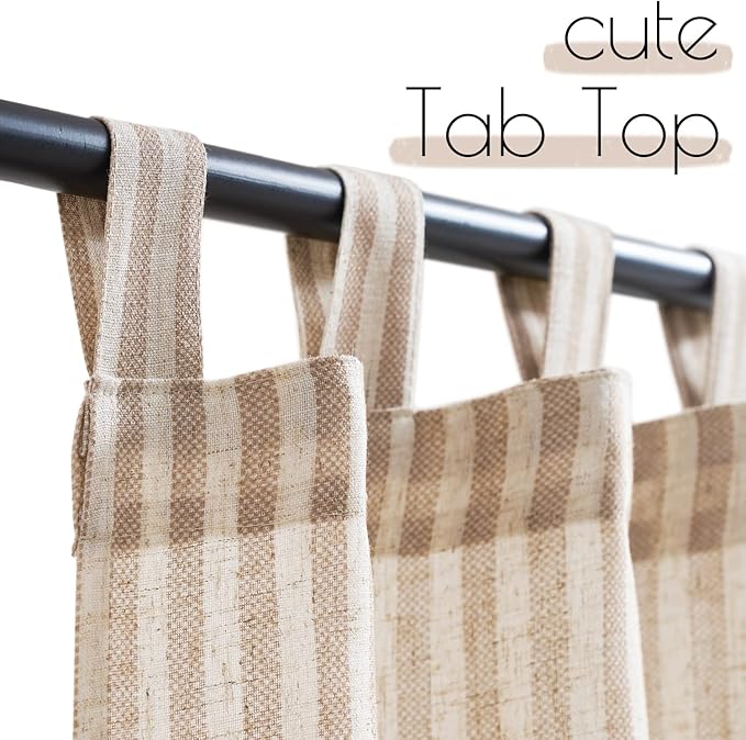 jinchan Tab Top Linen Kitchen Curtains 36 Inch Striped Tier Curtains Ticking Stripe Small Drapes for Living Room Bathroom Cafe Small Window Farmhouse Rustic Pinstripe Rod Pocket 2 Panels Tan
