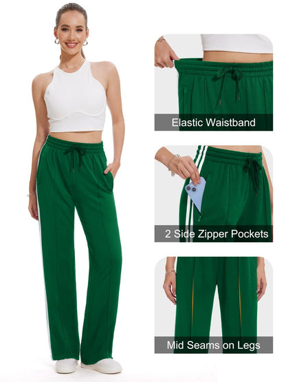 Tapata Tall Women 34" Inseam Warm Up Track Pants Wide Leg Sweatpants Lightweight Side Stripe Ladies Slacks Workout, Green, M