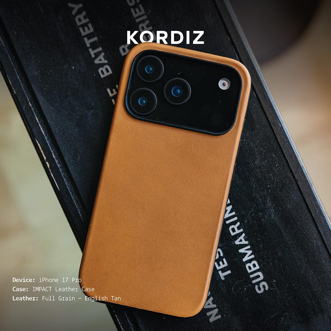 KORDIZ Impact Leather Case for iPhone 17 Pro – Full-Grain Leather MagSafe Case with Camera Control Button – 360° Shockproof Bumper – Rugged Patina-Ready Protection – Slim Grip Cover (English Tan)