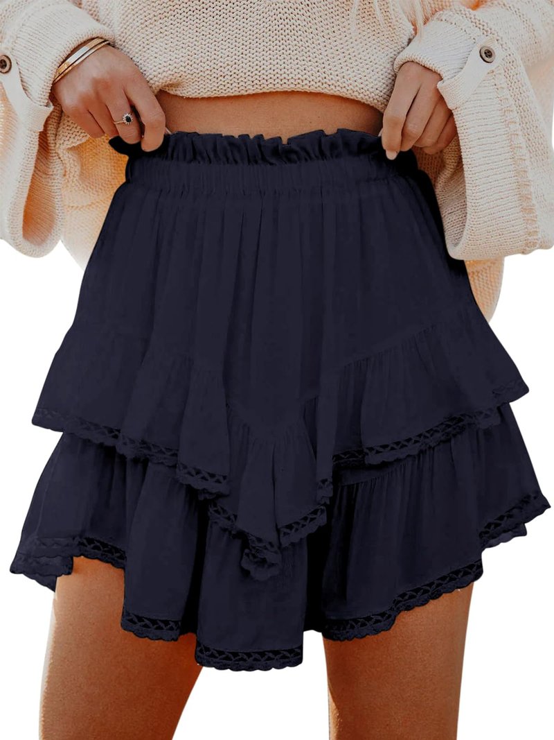Aoudery Flowy Shorts for Women Casual Boho Ruffle Tiered Skorts High Waist Mini Skirts Golf Tennis Butterfly Crochet Shorts - Navy Blue XS