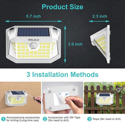 Solar Motion Lights Outdoor, [3 Modes/6 Pack/188 LED] 270° Wide Angle Lighting, Security Solar Powered Wall Lights, IP65 Waterproof Flood Lights for Fence Porch Yard Patio(White)