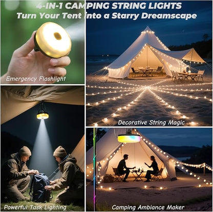 Camping String Lights Solar USB Rechargeable, Retractable String Lights Camping 4 in 1 Led Roll Up Waterproof Outdoor Hanging Fairy Lights 33FT with 8 Modes for Tent Garden Party Festival