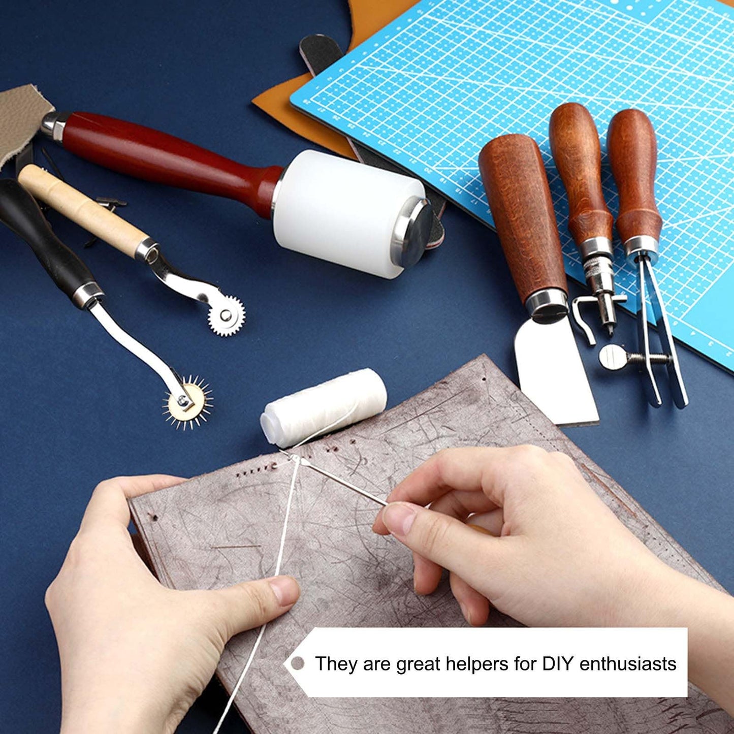 Leather Working Tools, Practical Leather Craft Kit with Carving Sewing Punching Cutting and Other Sanding Tools for Crafting, Repair DIY Projects