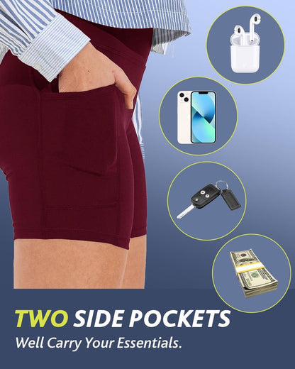 CAMPSNAIL Biker Shorts Women with Pockets - 3"/5"/8" High Waisted Workout Spandex Tummy Control Gym Running Yoga Shorts Burgundy