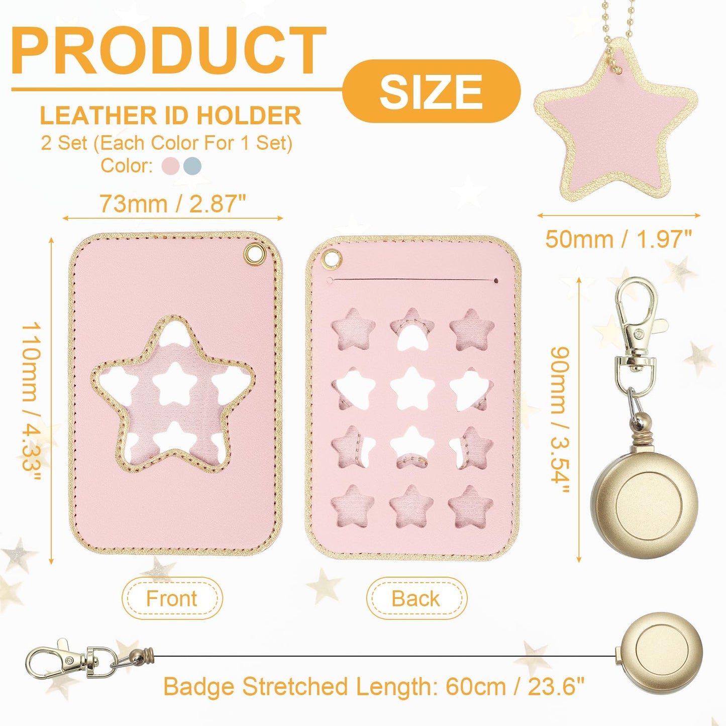PATIKIL Retractable Badge Holders, 2 Pcs Cute Leather ID Holder with Badge Reels Keychain ID Card Clip Protector Cover for Women Work Office Business Trip, Pink/Light Blue