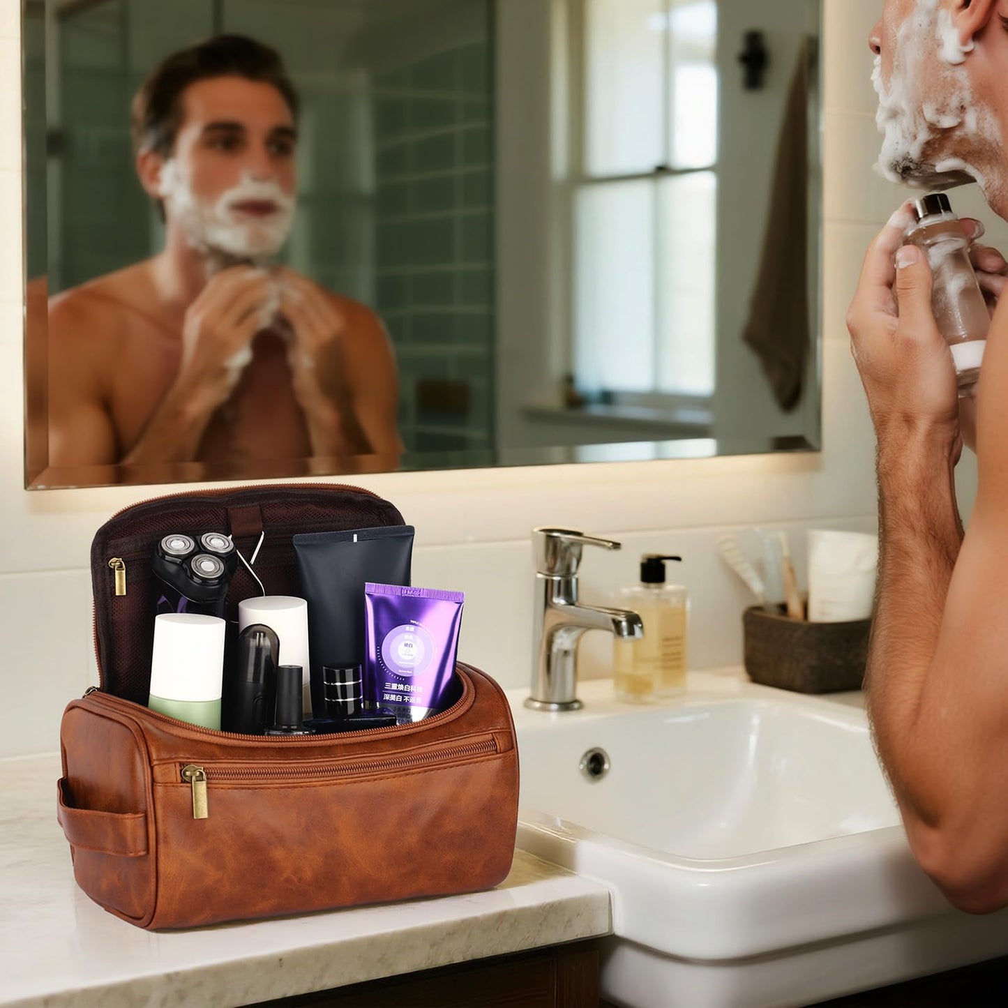 OXYEFEI Personalized Toiletry Bag for Men,Personalized Gifts for Men,Engraved Initial PU Leather Mens Toiletry Travel Shaving Travel Essentials Toiletries Bag for Him Birthday (J, Light Brown)