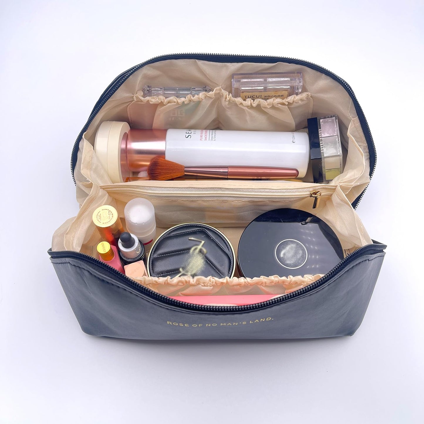 Meruya Travel Makeup Bag with 2 Mini Bags, Open Flat Makeup Bag, Large Capacity Cosmetic Bag with Divider, PU Leather Toiletry Bag for Women Waterproof, Make up Organizer with Handle, Portable Pouch