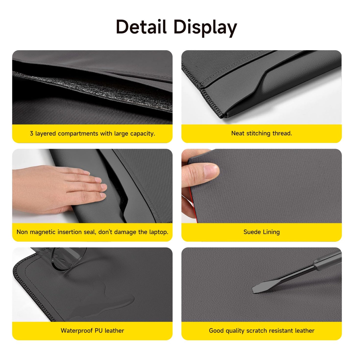 Slim PU Leather 13 13.6 Inch Laptop Sleeve Protective Case with Mouse Pad for MacBook Air/Pro 13 M4/M3/M2/M1 HP Lenovo Dell Asus Samsung Briefcase Carrying Laptop Bag (Black&Gray, 13 inch)