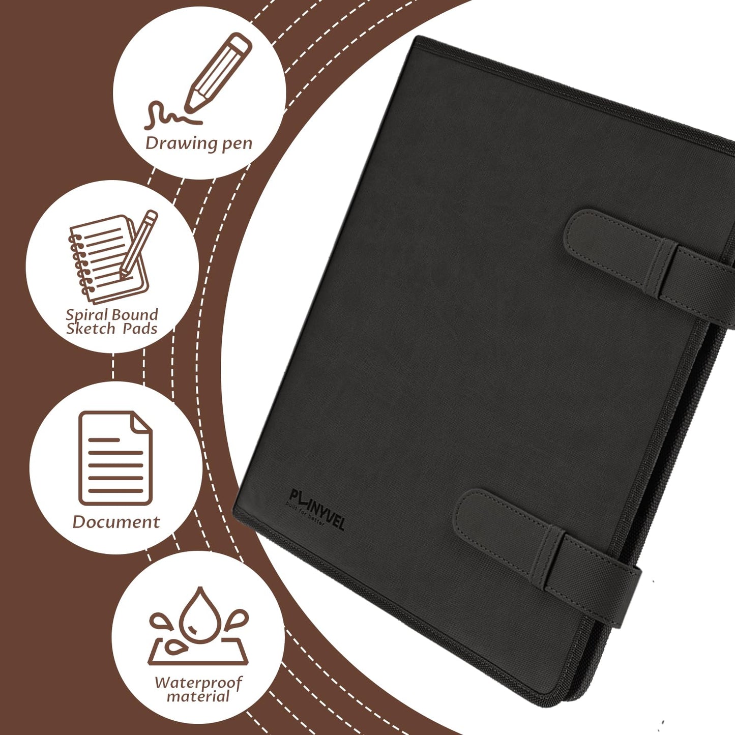 Plinyvel Leather Sketchbook Cover for 9x12 - Travel Portfolio Case with Storage, Holds Large Sketch Book & Spiral Pad | All-in-One Artist Organizer with Pencil Holder (Black)