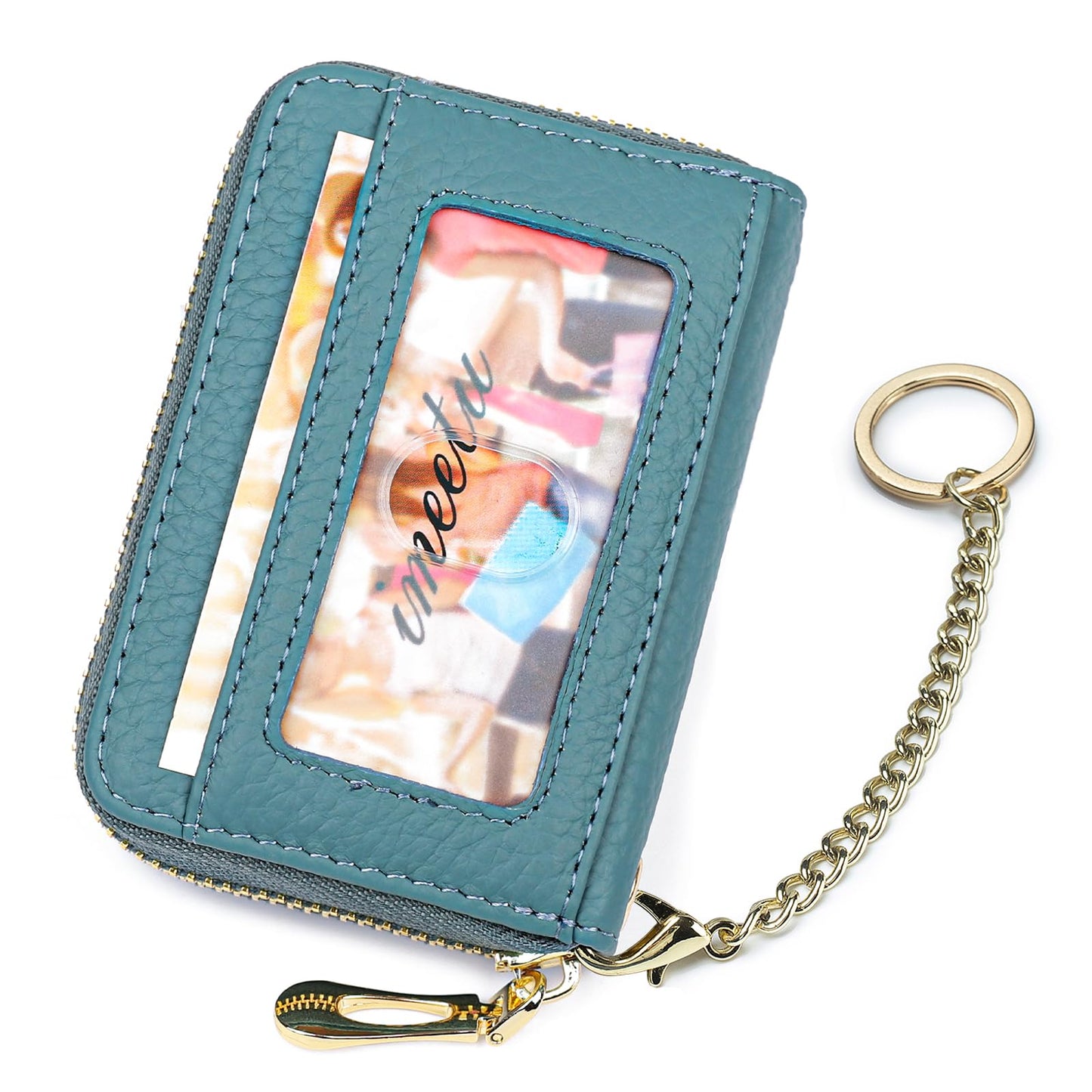 imeetu RFID Credit Card Holder, Small Leather Zipper Card Case Wallet with Keychain and ID Window for Women (Pro,Peacock Blue)