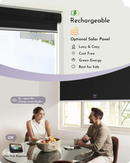 Graywind Motorized Roller Shade Work with Alexa Google 100% Blackout Rechargeable Smart Blinds Remote Control Battery Motor Cordless Window Shades, Customized Size (Matt Black)