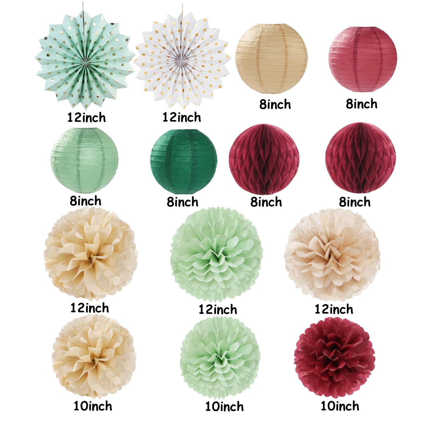 Sage-Olive Green Burgundy Champagne-Gold Party-Decorations - 14pcs Birthday Boho Paper Lanterns Fan Streamers,Tissue Pom Poms, Christmas Baby Bridal Shower Wedding Engagement Decor Lasting Surprise