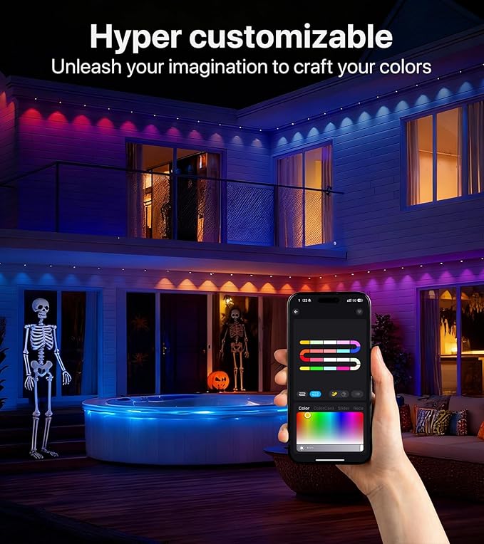 Permanent Outdoor Lights for House: 100FT RGB+IC LED Eave Light with Smart APP & Remote Control, 72 Scene Modes, IP65 Waterproof String Lights-Party, Christmas Decoration(Extension Cord Not Included)
