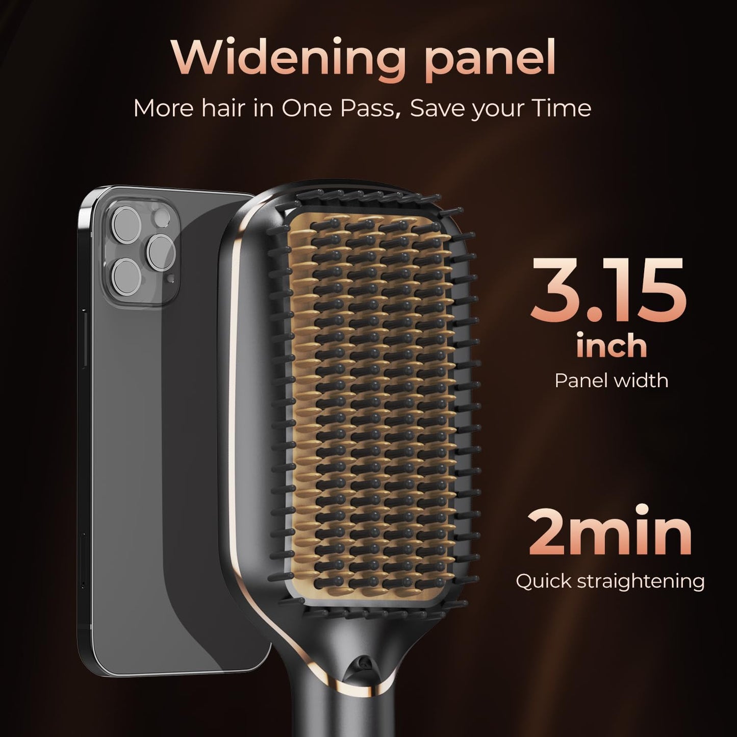 PRITECH Hair Straightening Brush Ionic 250-450°F Fasting Heating Anti-Scald & Auto-Off, Wide Plates Flat Iron Comb Teeth Dual-Voltage Straightener Hot Brush Ionizer Anti-Frizz (Black)