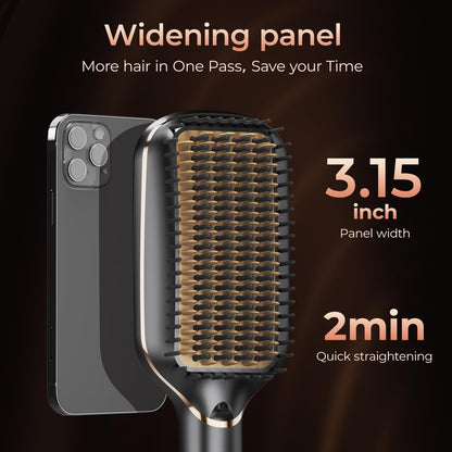 PRITECH Hair Straightening Brush Ionic 250-450°F Fasting Heating Anti-Scald & Auto-Off, Wide Plates Flat Iron Comb Teeth Dual-Voltage Straightener Hot Brush Ionizer Anti-Frizz (Black)