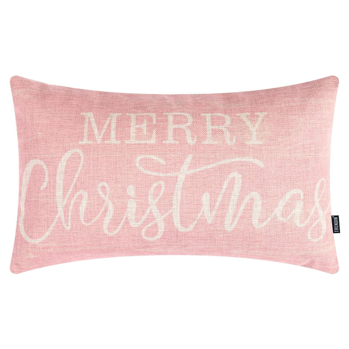 TRENDIN Christmas Decor Throw Pillow Cover 12x20 Merry Christmas Decoration Lumbar Linen Cushion Cover Couch Pillow Case for Sofa Home and Car Pink PL1078TR