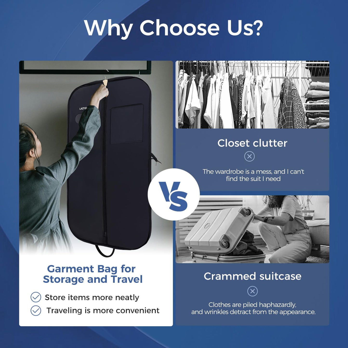 LAZYSEAL Garment Bag for Closet Storage and Travel 43-Inch Waterproof Dustproof Suit Luggage Bag Unisex Clothes Bag Durable 600D Oxford Fabric 2-in-1 Hanging Suit case Coat Bag for Man, Woman