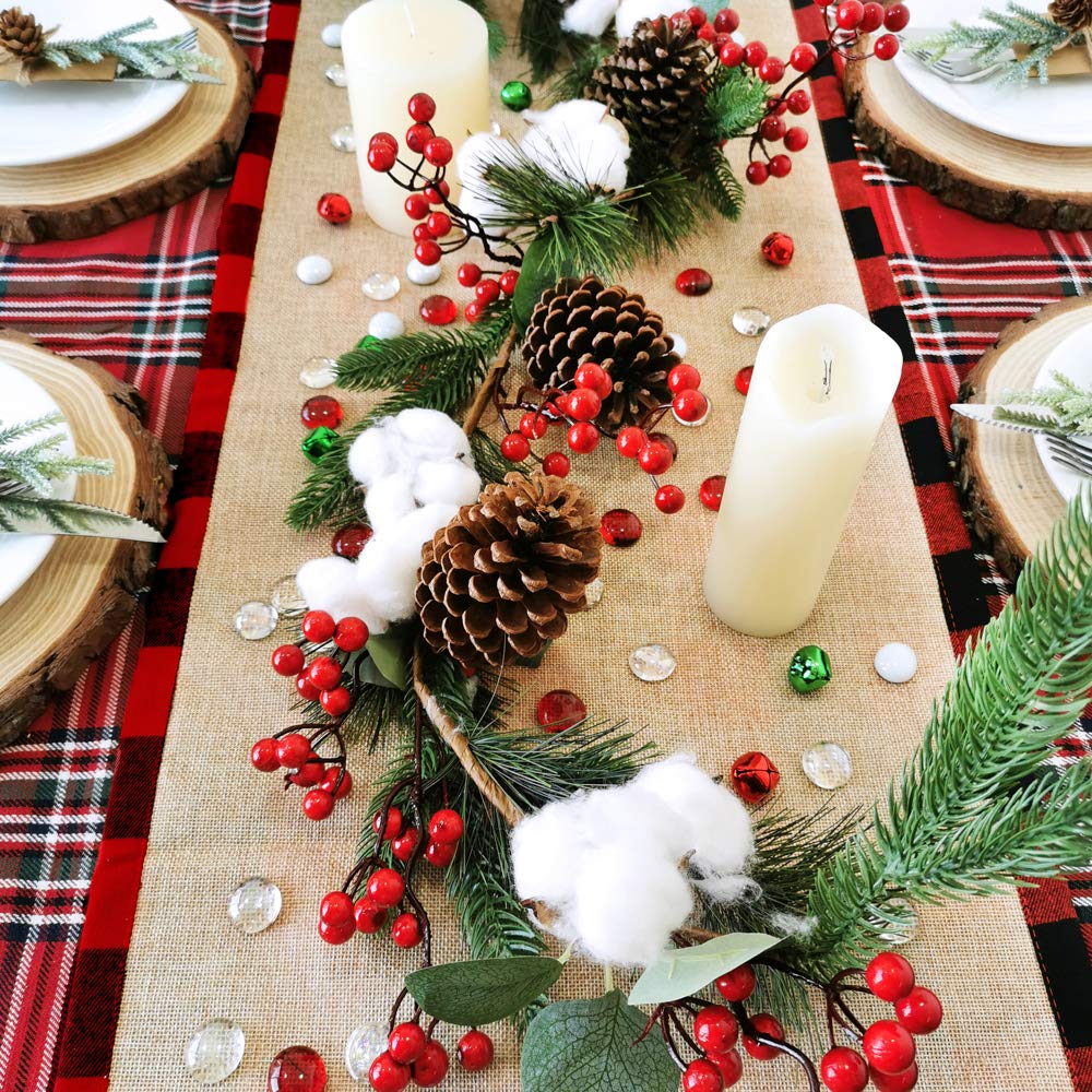 Artificial Christmas Pine Garland with Berries Pinecones Spruce Eucalyptus Leaves Cotton Balls Winter Greenery Garland for Holiday Season Mantel Fireplace Table Runner Centerpiece Décor 6 feet