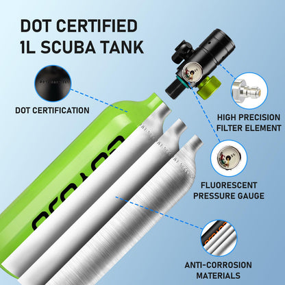 GOYOJO 1L Mini Scuba Tank with Mask – DOT Certified Portable Diving Air Tank, 3000 PSI Max Pressure, Pony Bottle Underwater Breathing Device for Snorkeling & Scuba Diving (Green)