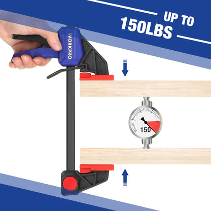 WORKPRO Bar Clamps for Woodworking, 6-Pack One-Handed Clamp/Spreader, 6-Inch (4) and 12-Inch (2) Wood Clamps Set, Light-Duty Quick-Change F Clamp with 150 lbs Load Limit Blue
