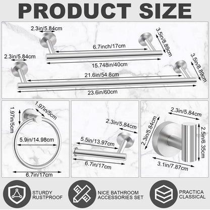 Gisafai 15 Pcs Brushed Nickel Bathroom Accessories Hardware Set Silver Towel Racks for Bathroom SUS304 Stainless Steel 23.6 Inch Brushed Towel Bar Ring Toilet Paper Holder Robe Hooks Wall Mounted