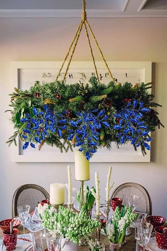 DILATATA 6Pcs Christmas Glitter Leaves Holly Leaves 23" Artificial Royal Blue Holly Leaf Picks Sprays Giltter Stems for Christmas Tree DIY Xmas Wreath Garland Home Decor - Royal Blue