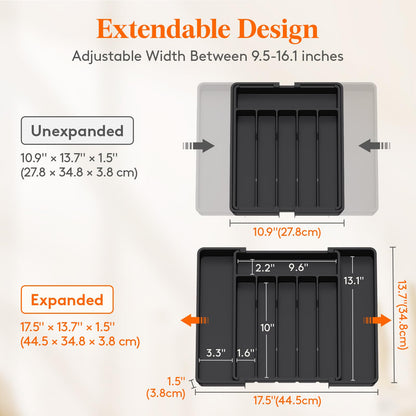 Lifewit Silverware Drawer Organizer, Expandable Utensil Tray for Kitchen, BPA Free Flatware and Cutlery Holder, Adjustable Plastic Storage for Spoons Forks Knives, 8.5"-14.1" x 12.1", Black