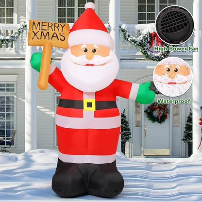 GOOSH 8 FT Christmas Inflatables Santa Claus Outdoor Decorations Blow Up Yard Santa Claus Holding Merry Xmas Sign with Built-in LEDs for Holiday Party Xmas Yard Garden Lawn Decor