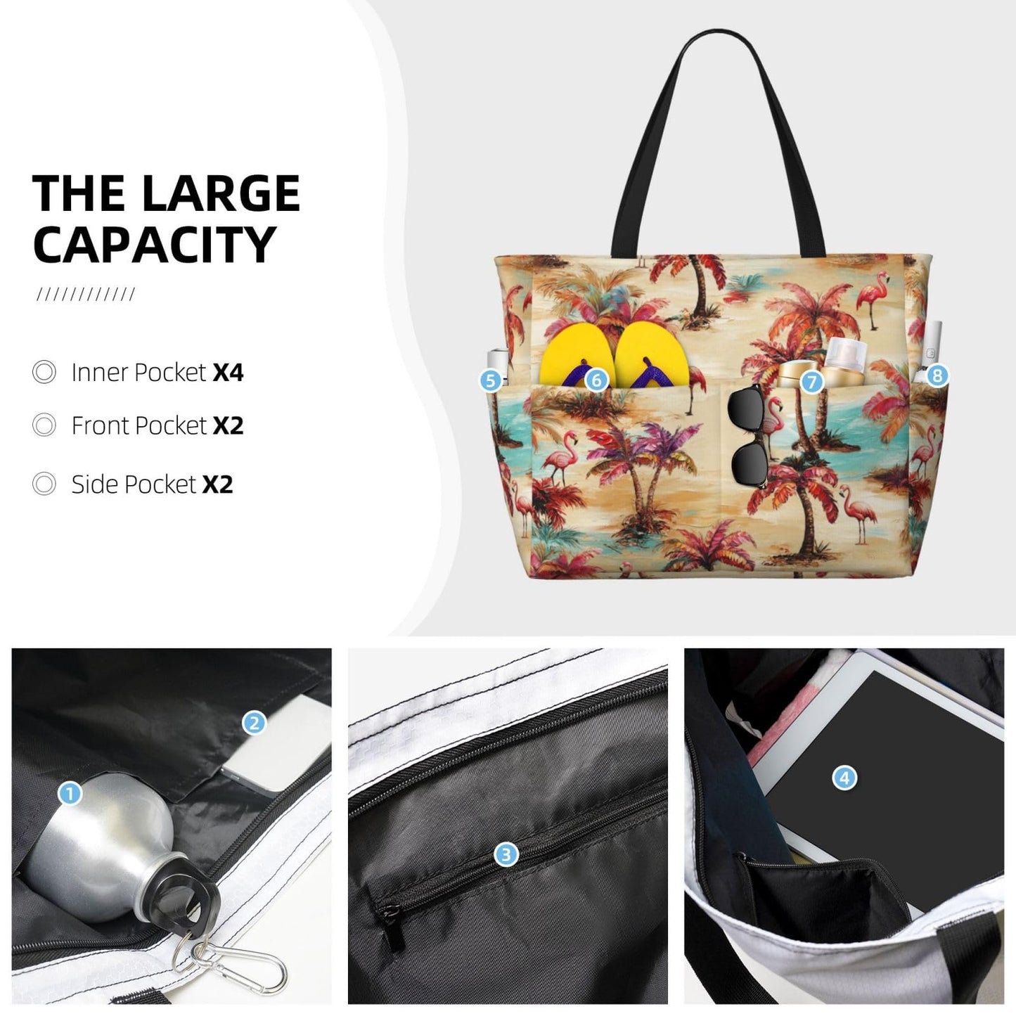 NLZI Beach Bag for Women Plam Tree Print Beach Tote Bag Waterproof Sandproof Large Bags with Zipper Big Capacity for Travel