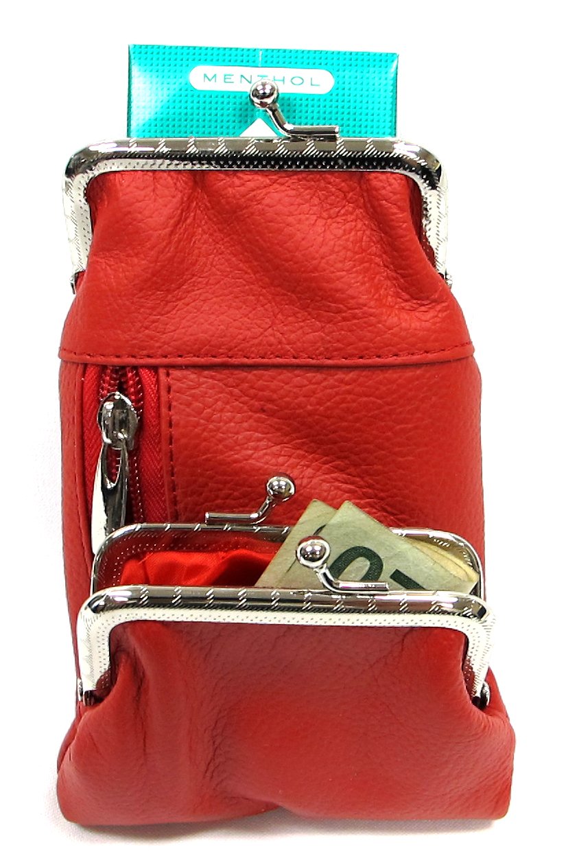 Deluxe Genuine Leather Cigarette and Lighter Case with Zipper Pocket Twist Clasp Kiss Lock Closure Fit 100's -Red