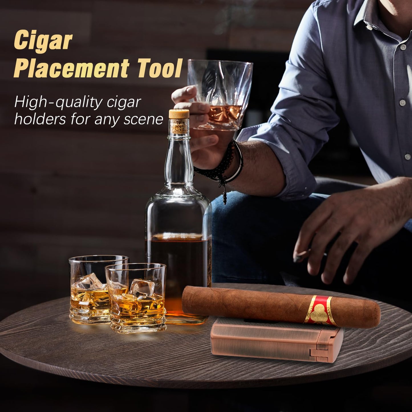 TISFA Cigar Humidor, Leather Cigar Case with Cigar Lighter, Cigar Cutter V Cut, Cigar Stand 3 in 1, Portable Travel Humidor with Humidifier, Cigar Gift Cedar Wood Cigar Box (Dark Brown)