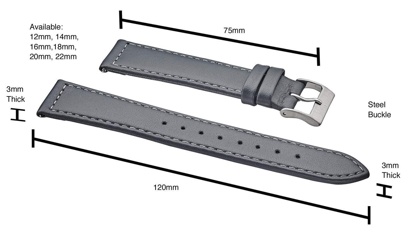STUNNING SELECTION ALPINE flat Stitched Genuine Leather Watch strap with Quick Release Spring Bars - Grey - 14 mm