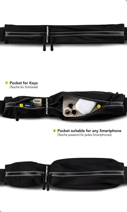 Fitgriff® Running Belt for Men & Women - Secure Jogging Pouch for Phone, Keys & Essentials - For All Cell Phones (Black, 24.5" - 35.5" Waist Size)
