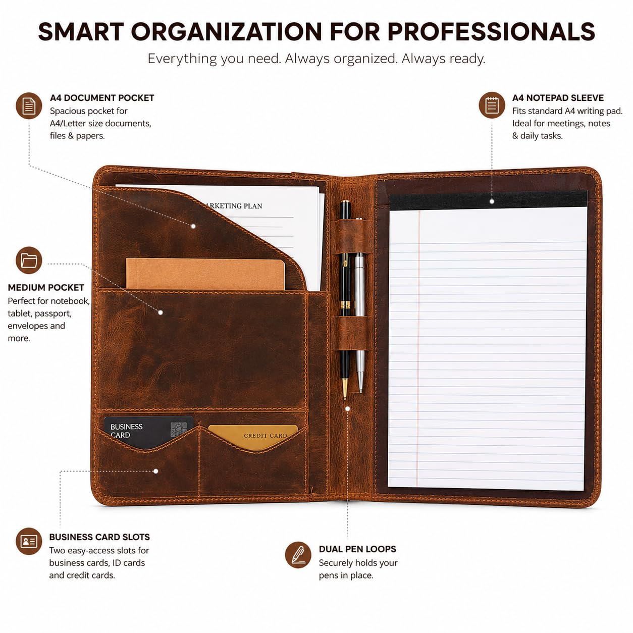 Leathervine Compact Leather Portfolio with Clipboard | Legal Pad | Card Holders | File Pocket | Pen Loop | Premium Organizer for Meetings | Work | Interviews | Graduation Gifts