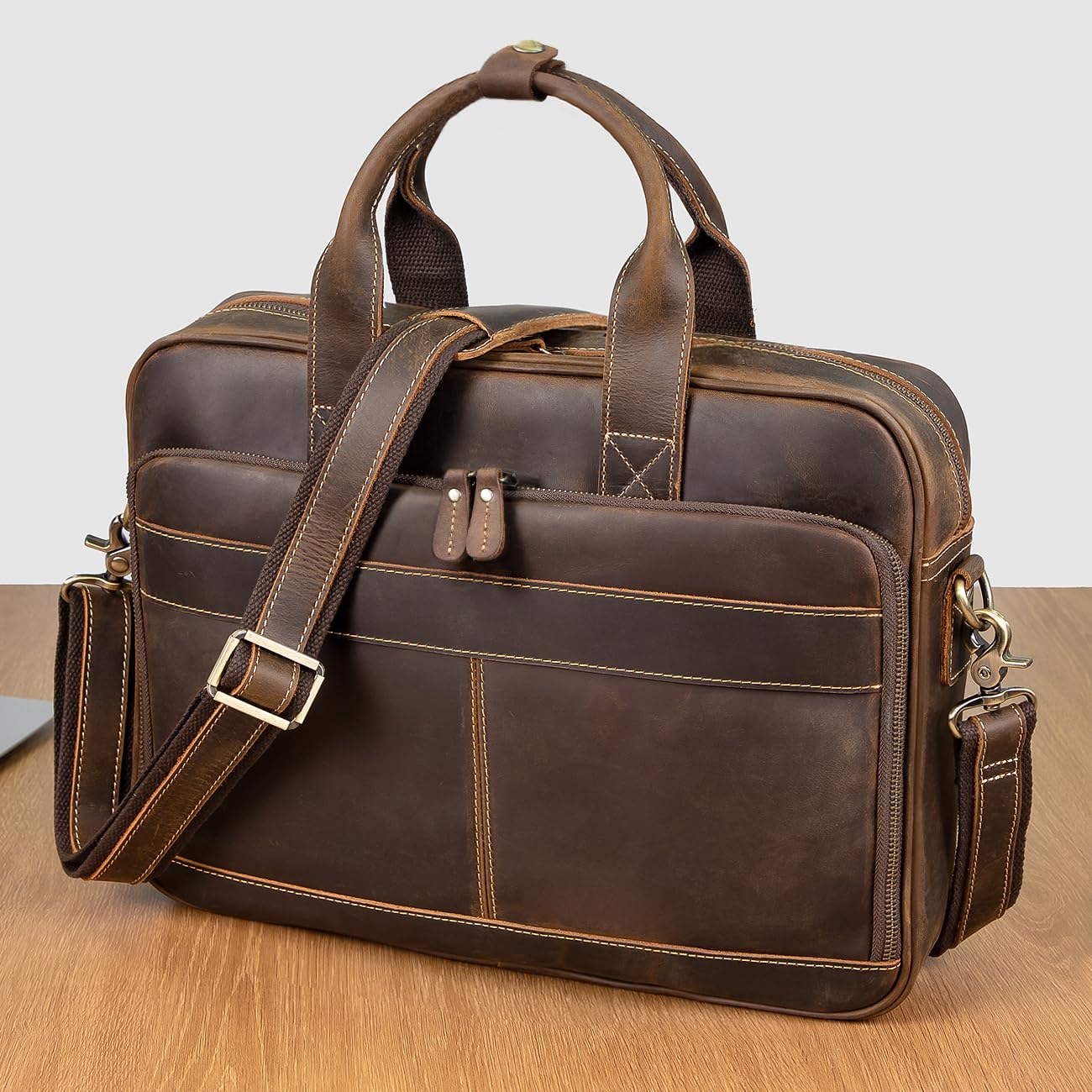 Augus Leather Briefcase for Men16 inch Laptop Bag Genuine Full-Grain Leather Messenger Shoulder Bag YKK Zipper Work Travel Brown