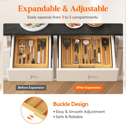 Lifewit Utensil Organizer for Kitchen Drawer, Expandable 13 to 22.4 Inches Wide, Adjustable Cooking Silverware Tray, Bamboo Cutlery Flatware Holder, Spatula Tools and Gadgets Storage Divider, Natural
